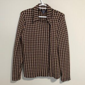 Chaps Houndstooth Asymmetrical Knit Sweater Jacket Medium Beige/Black